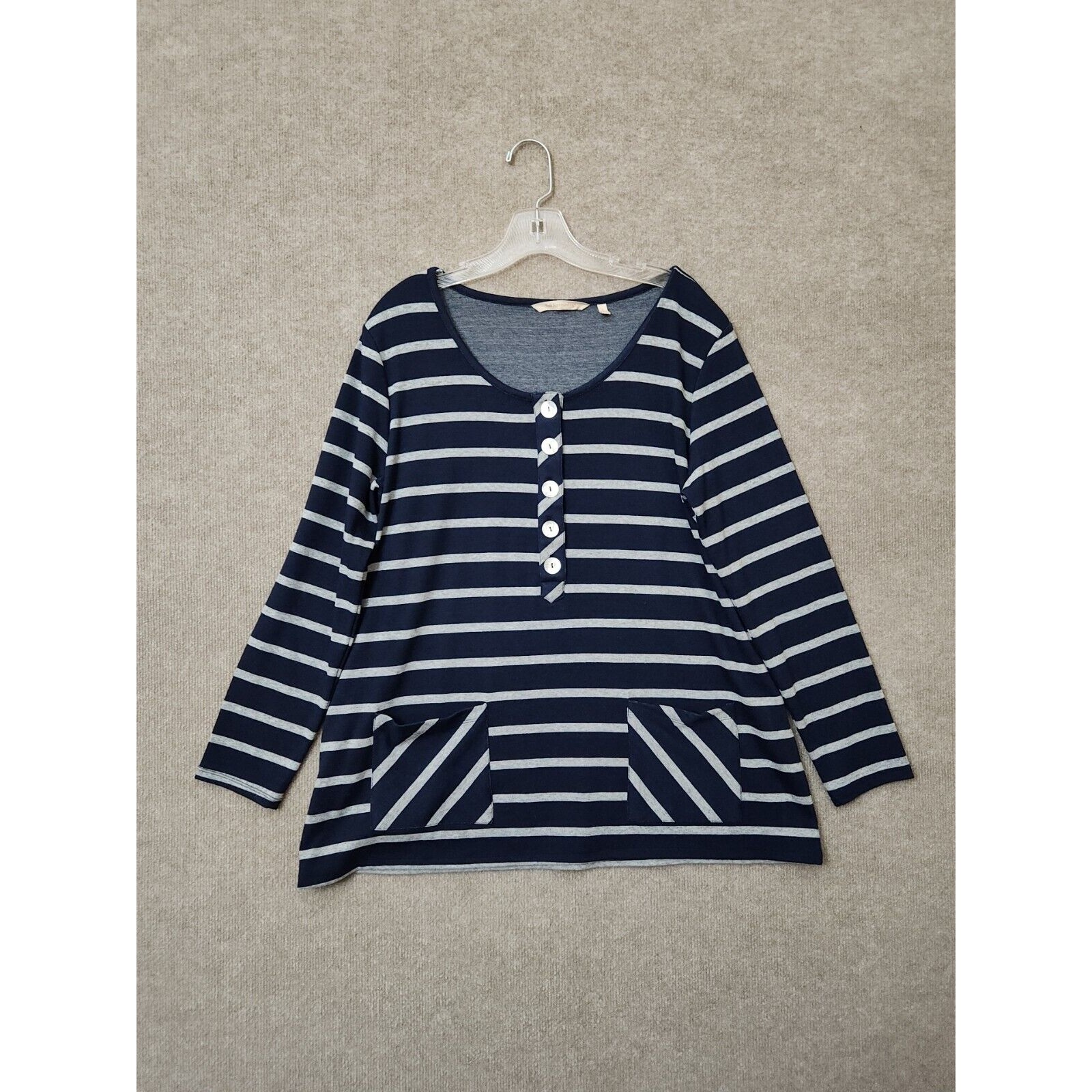 Soft Surroundings Knit Tunic Top Womens L Blue Gray Striped Long Sleeve